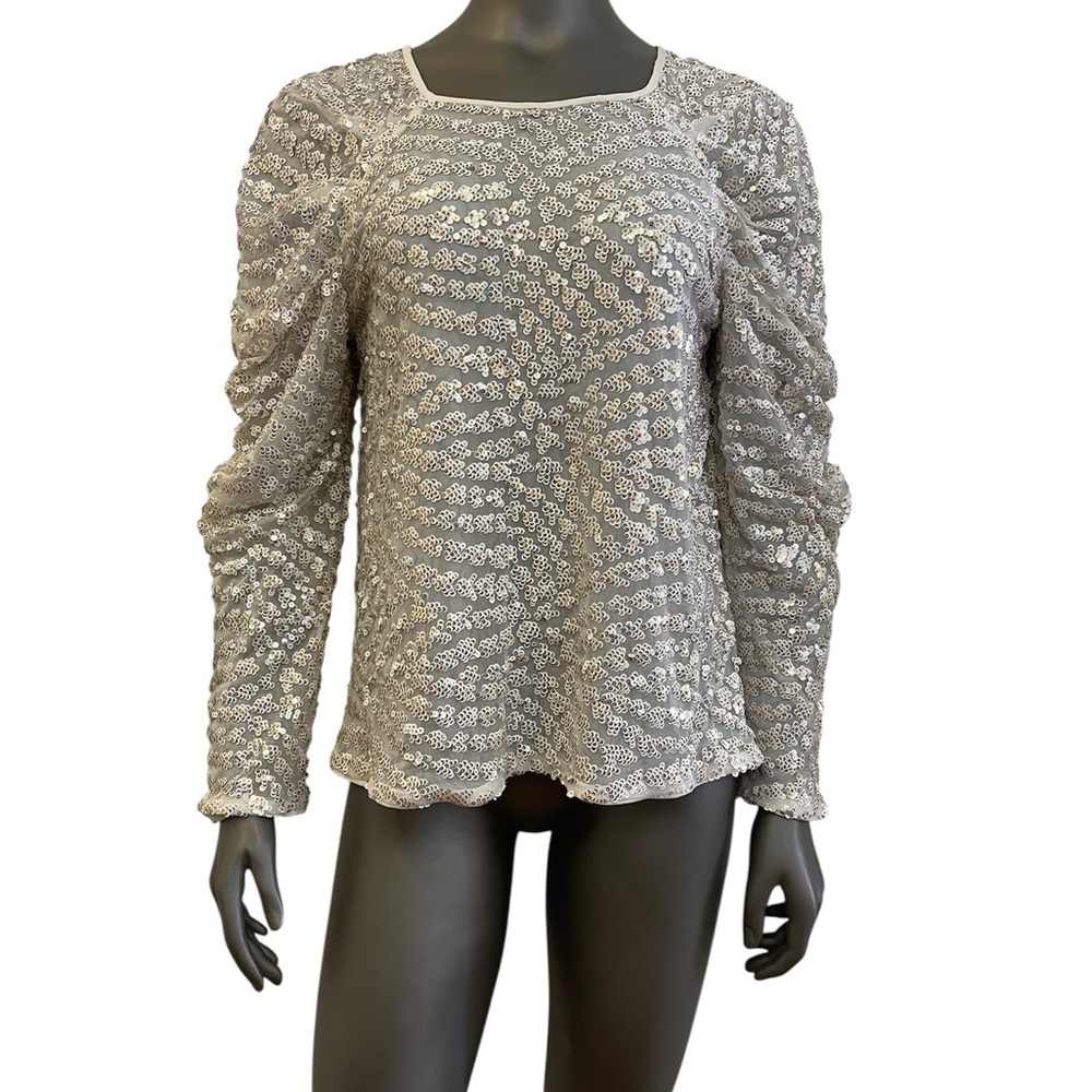 Express Top Women’s M‎ Ivory Sequin Blouse Puff Sleeve Sheer Gold Square Neck